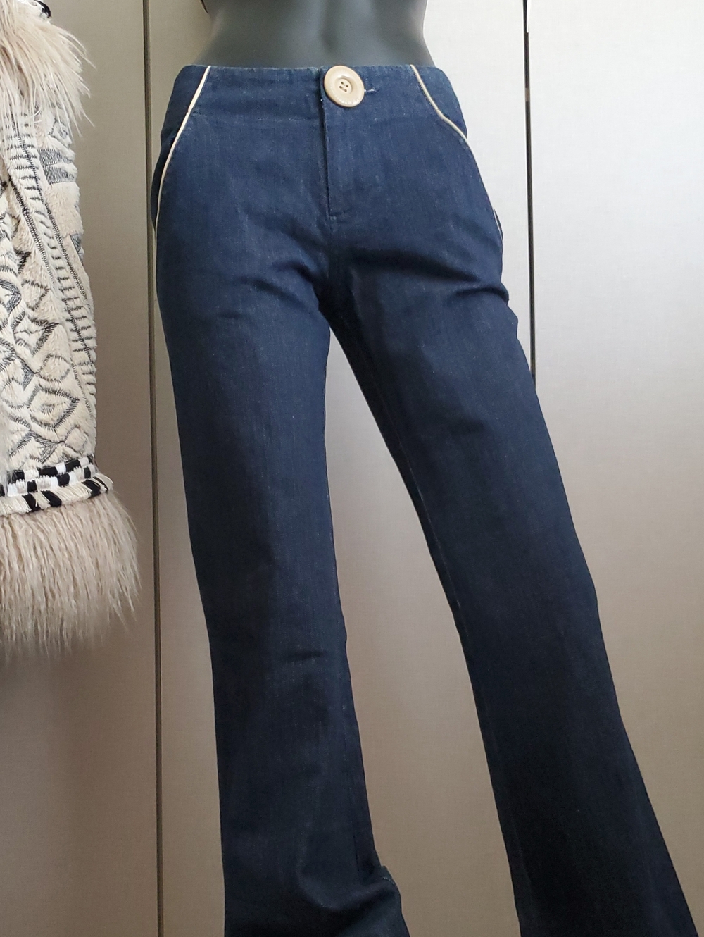 Manoush Dark Blue Trouser Jeans with Contrast Piping & Oversized Buttons
